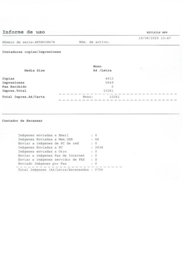 Equipo Multifuncion OKI ES5162LP MFP Monocromo Usado N°8678 - Imagen 5